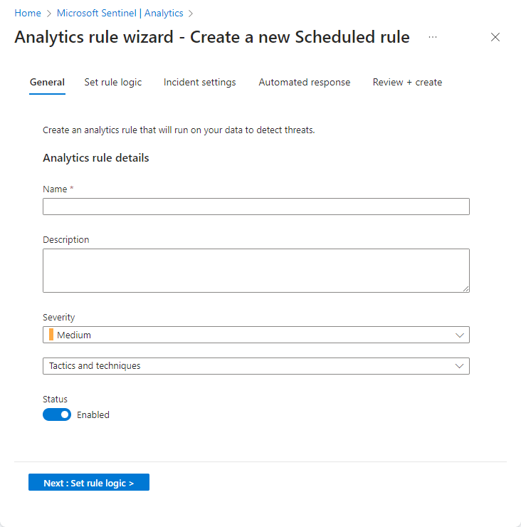 Screenshot of opening screen of analytics rule wizard in the Azure portal.