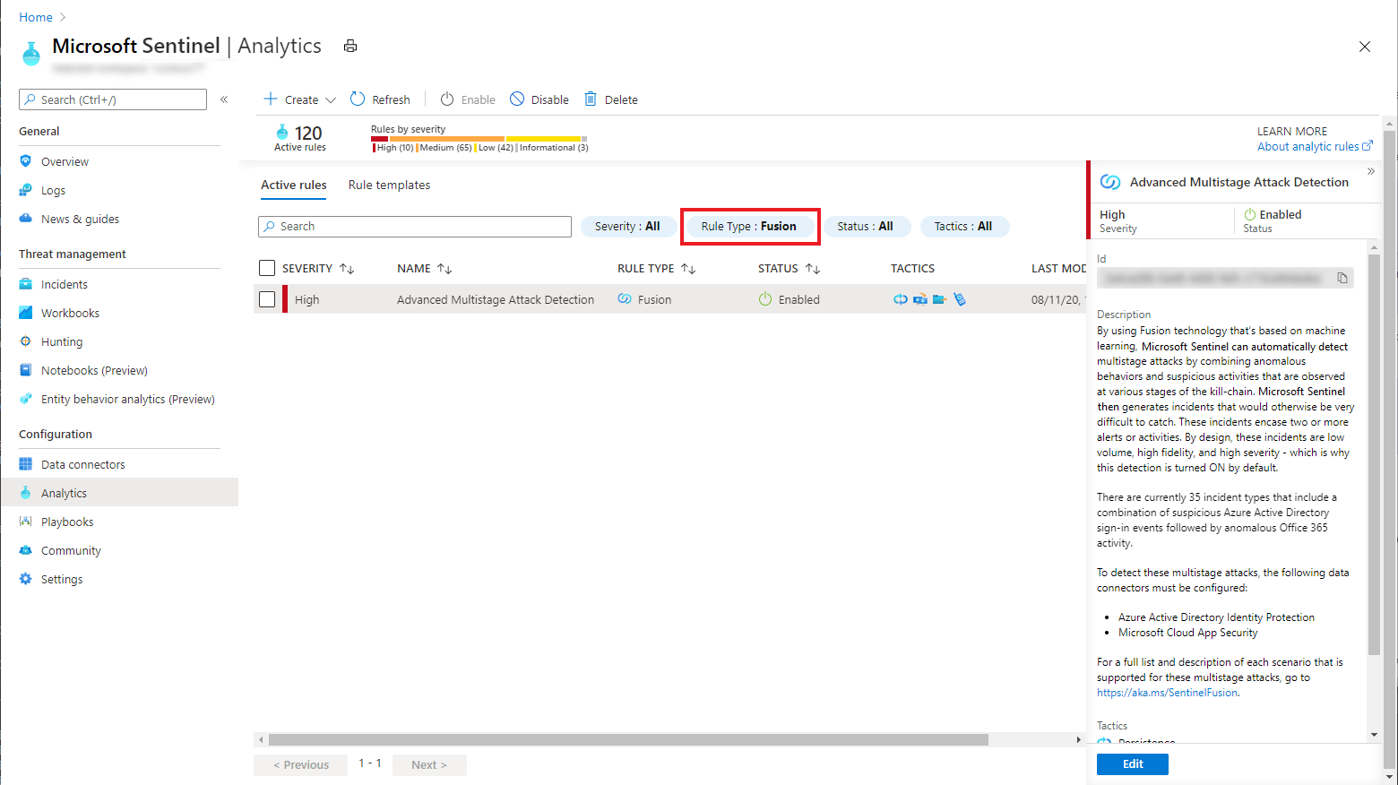 Screenshot of Fusion analytics rule.