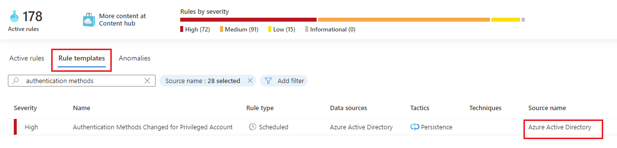 Screenshot that shows the analytics rule template after being reinstated from the content hub Microsoft Entra solution.