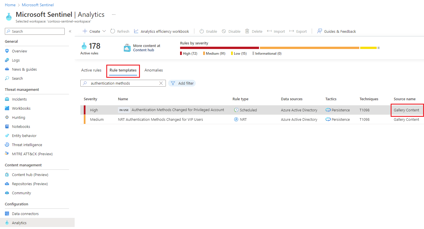 Screenshot that shows the analytics rule template that will be retired.