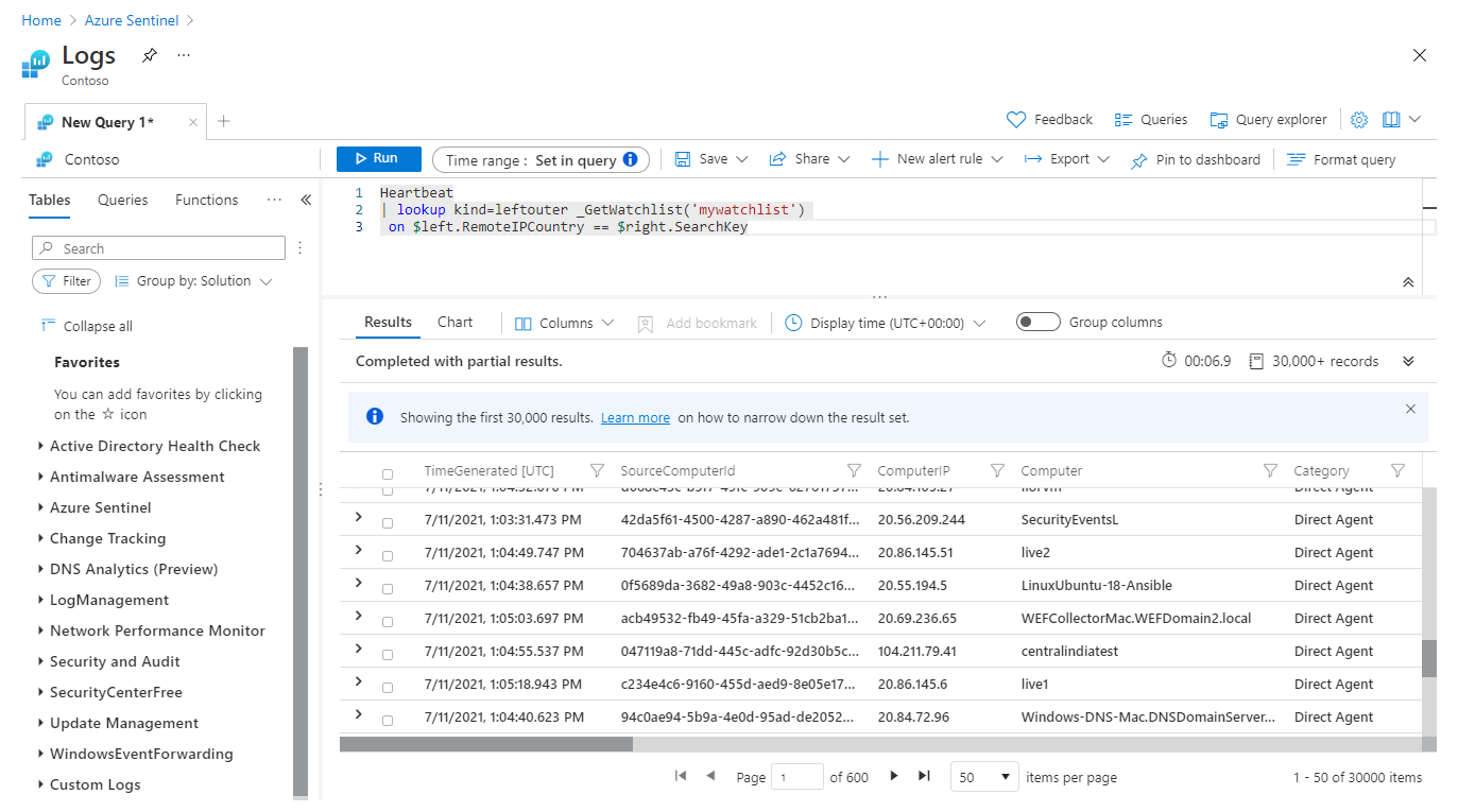 Screenshot of queries against watchlist as lookup.