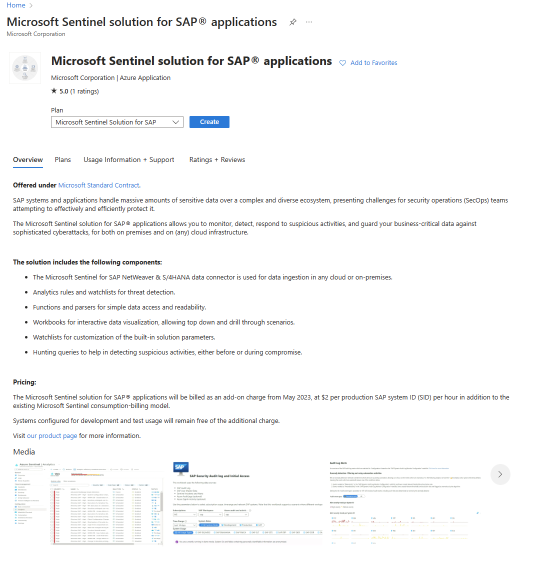 Screenshot that shows the Microsoft Sentinel solution for SAP applications solution pane.