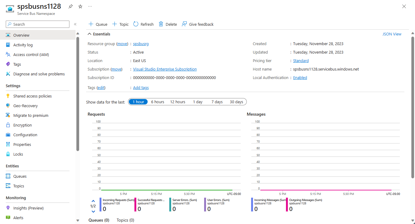 Image showing the home page of the Service Bus namespace created.