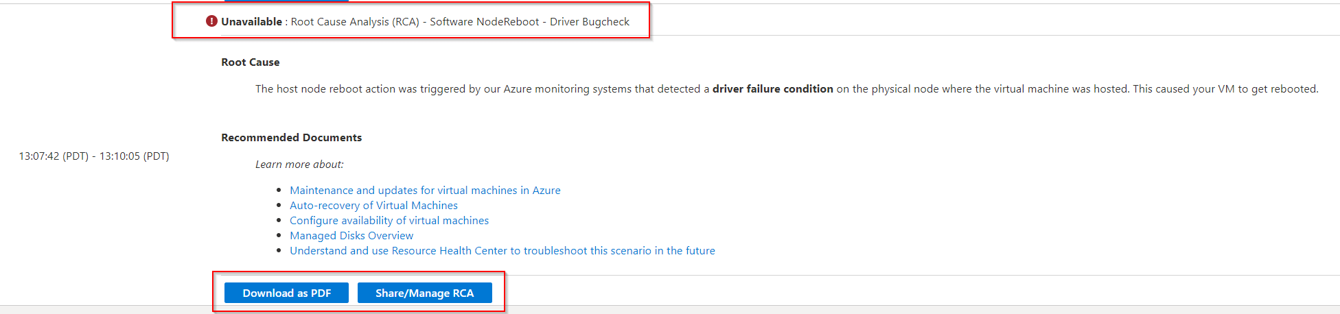 Screenshot of the Resource Health pane in the Azure portal. The Unavailable message and Download as PDF and Share/Manage RCA buttons are highlighted.