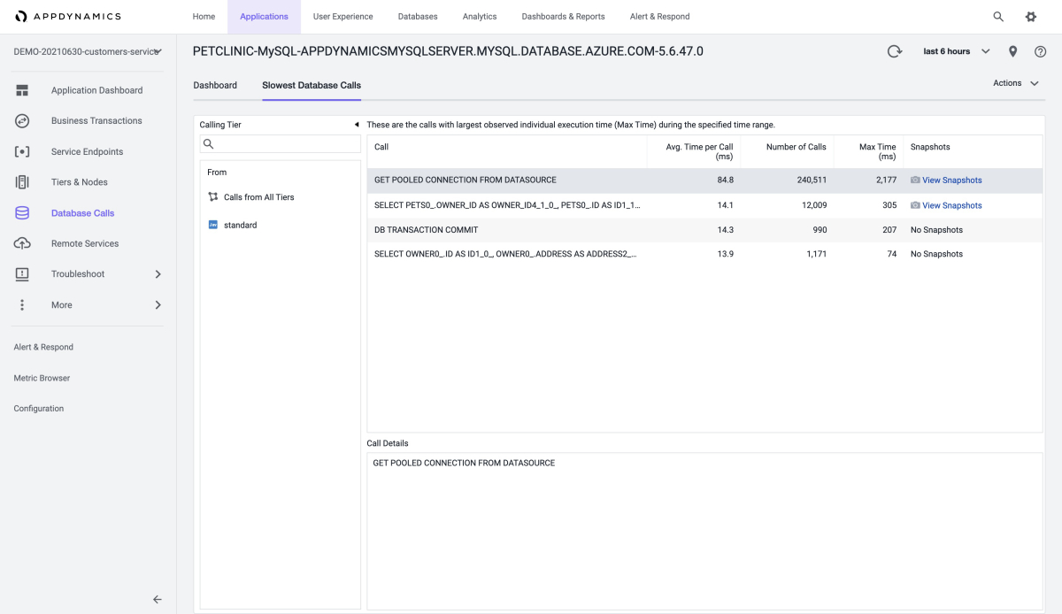 Screenshot of AppDynamics that shows the Slowest Database Calls page.