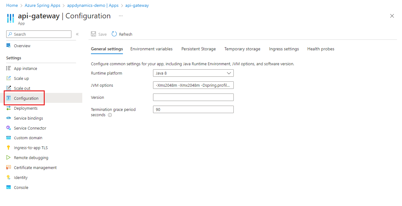 Screenshot of the Azure portal that shows the Configuration page for an app in an Azure Spring Apps instance, with the General settings tab selected.