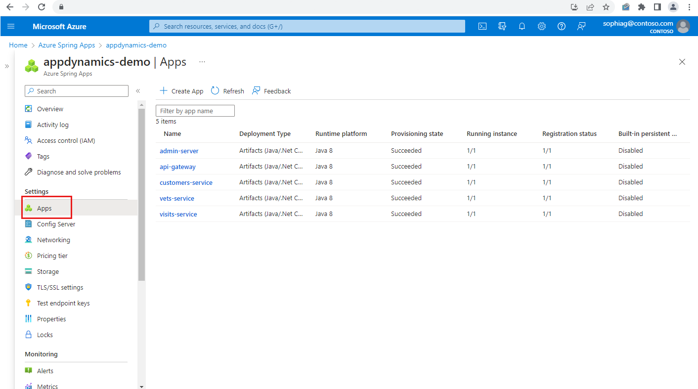 Screenshot of the Azure portal that shows the Apps page for an Azure Spring Apps instance.