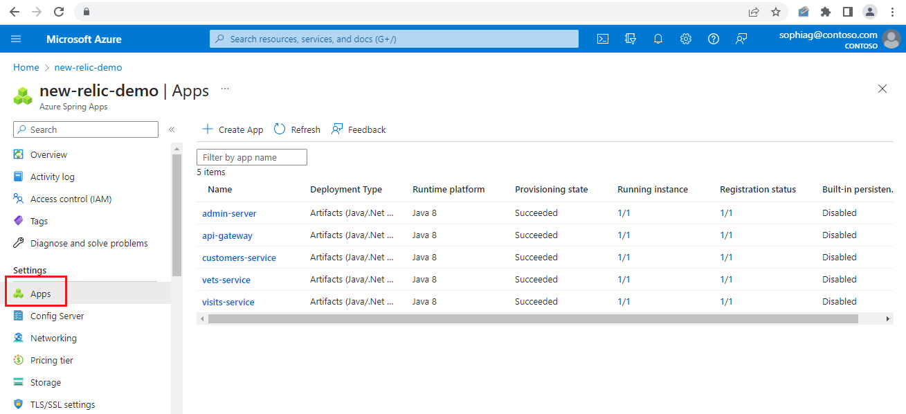 Screenshot of the Azure portal showing the Apps page for an Azure Spring Apps instance.