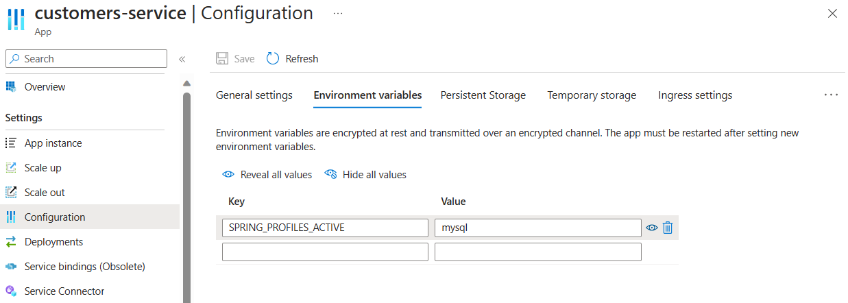 Screenshot of the Azure portal showing the configuration settings for the customers-service app.