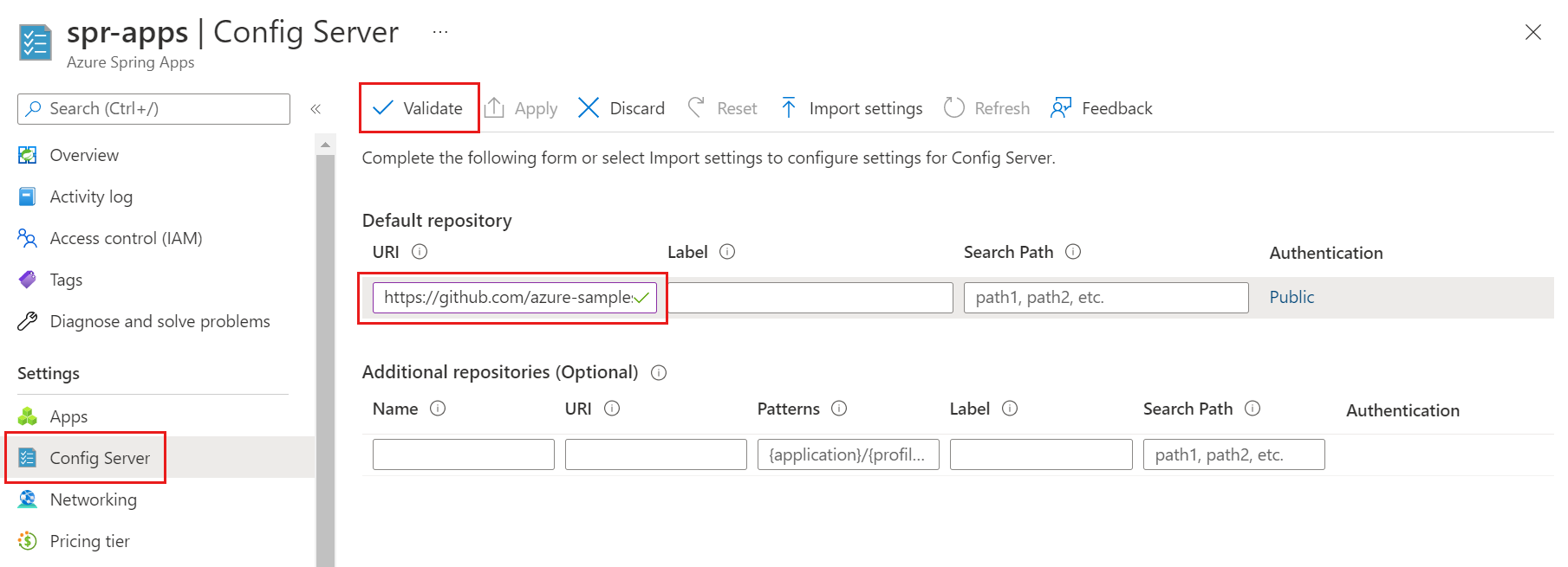 Screenshot of Azure portal showing Config Server page.