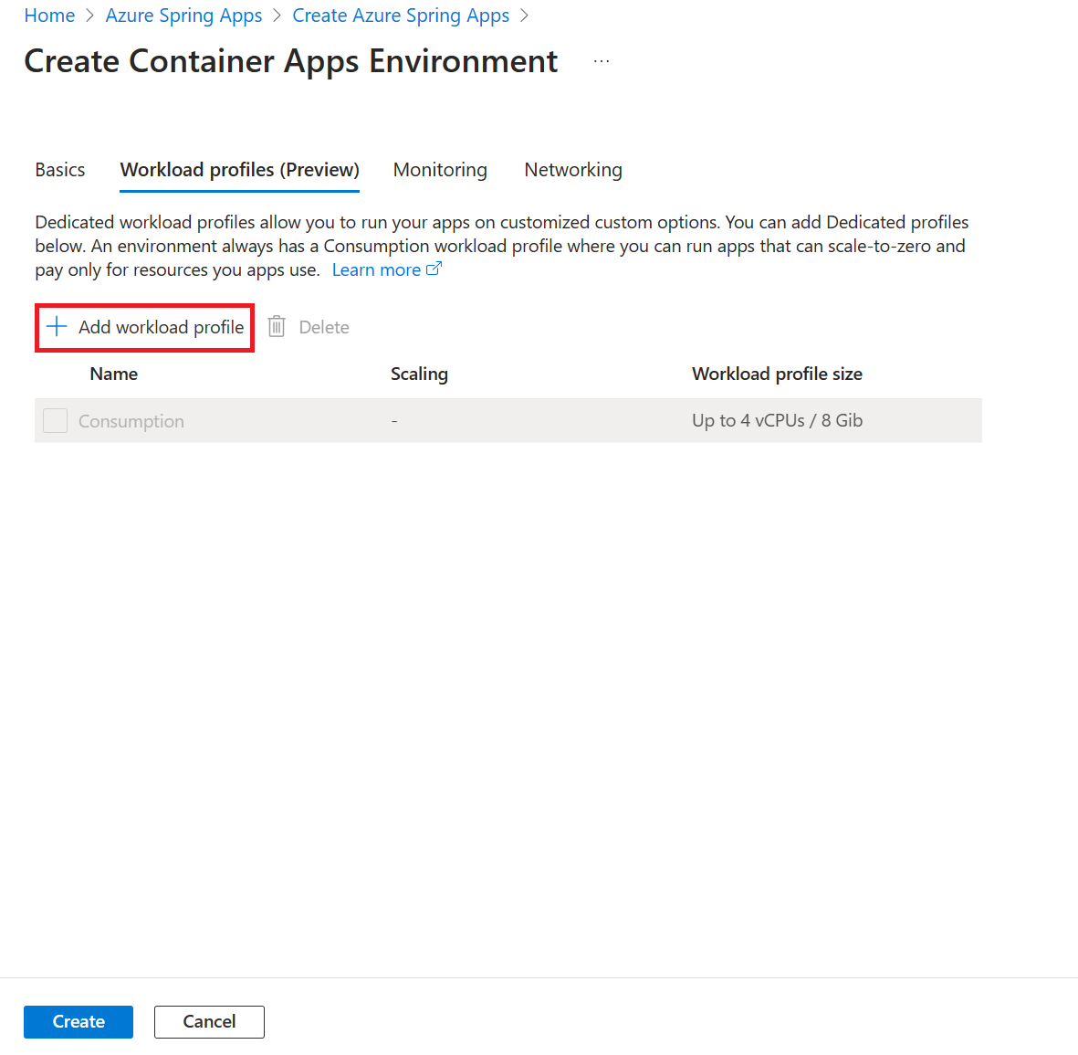 Screenshot of the Azure portal showing the Create Workload Profiles tab.