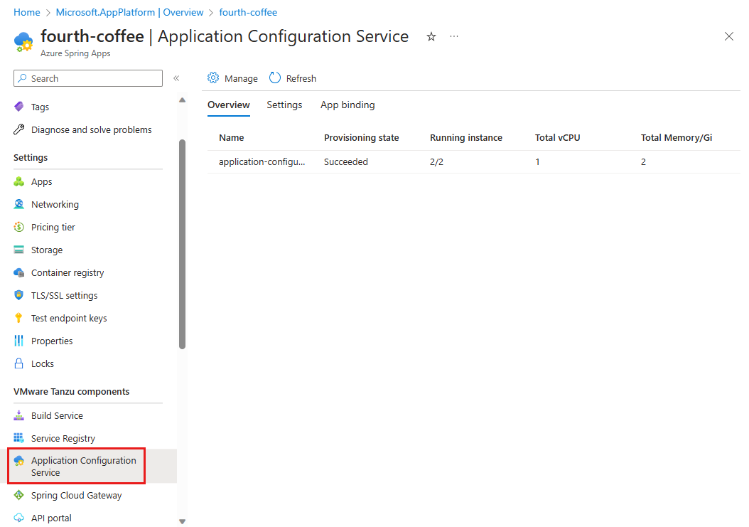 Screenshot of the Azure portal showing the Overview tab of the Application Configuration Service page.