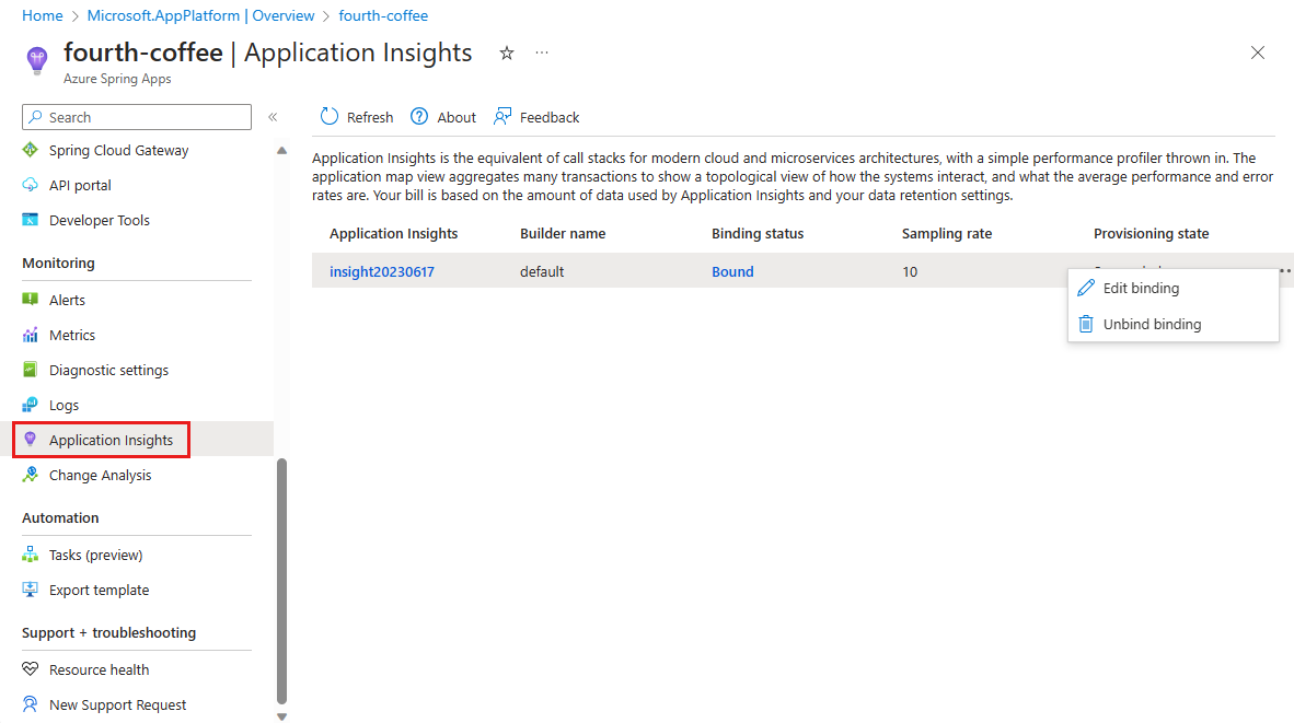 Screenshot of the Azure portal Application Insights page with the Edit binding option dropdown menu showing.