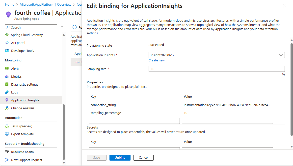 Screenshot of the Azure portal 'Edit binding' pane.