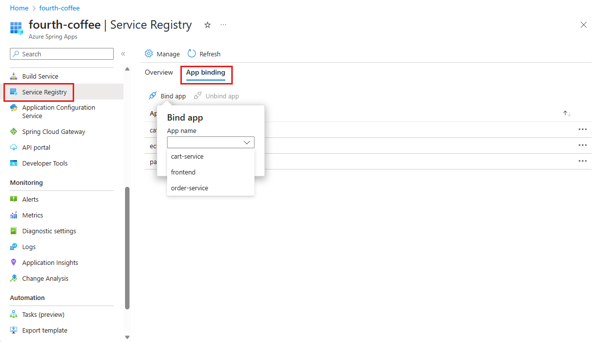 Screenshot of the Azure portal Azure Spring Apps with Service Registry page and 'Bind app' dialog showing.