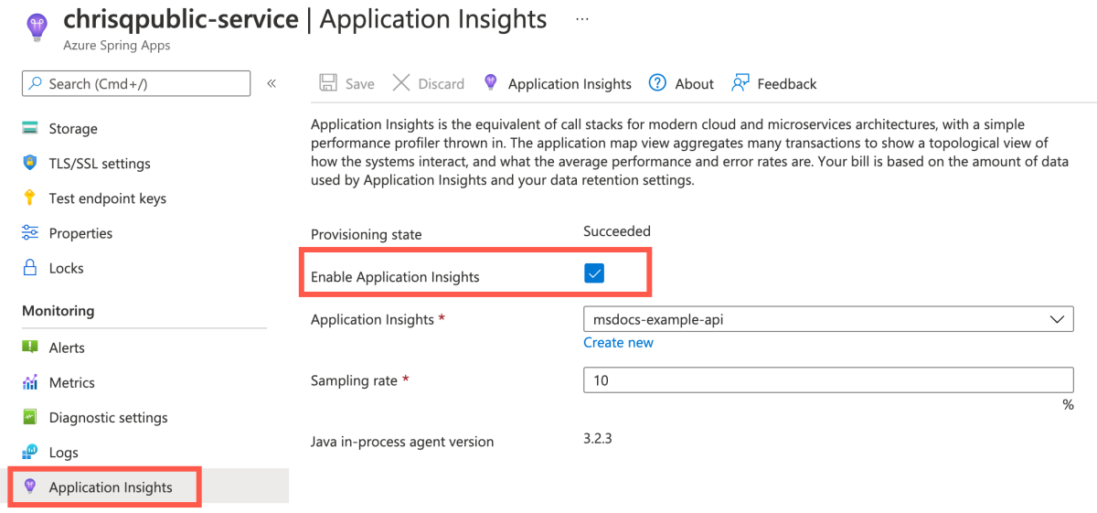 Screenshot of the Azure portal that shows the Application Insights page for Azure Spring Apps with Enable Application Insights checkbox highlighted.