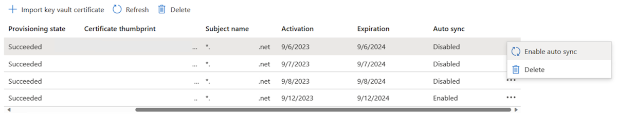 Screenshot of the Azure portal that shows a certificate list with the ellipsis button menu open and the Enable auto sync option selected.