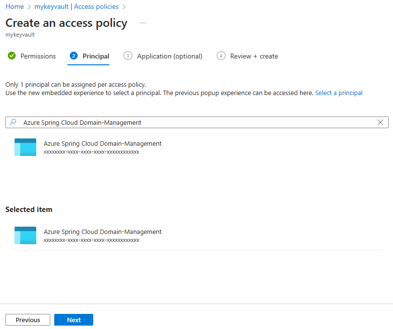 Screenshot of the Azure portal Create Access Policy page with Azure Spring Apps Domain-management selected from the Select a principal dropdown.