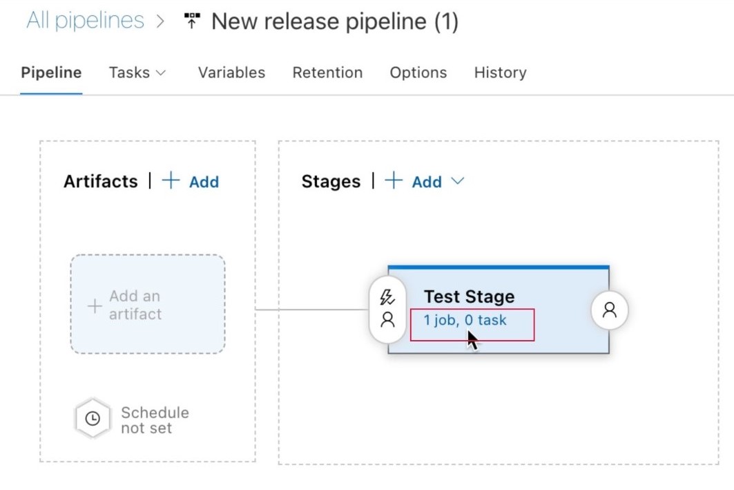 Screenshot of Azure DevOps that shows the Pipelines tab with the 1 job, 0 task link highlighted.