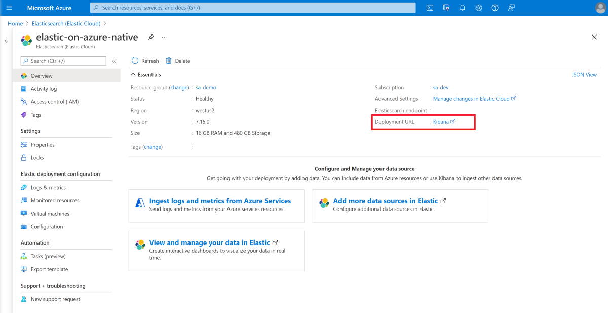 Screenshot of the Azure portal that shows the Elasticsearch (Elastic Cloud) page with the Deployment URL Kibana link highlighted.