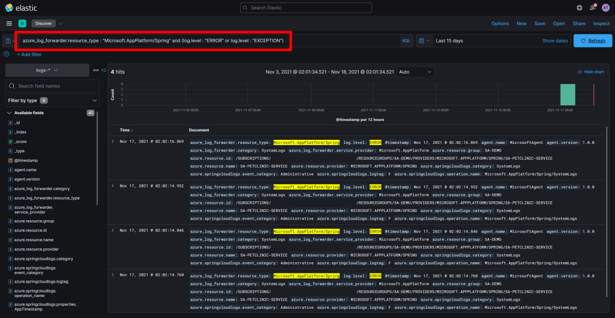 Screenshot of Elastic / Kibana that shows the Discover app with error and exception logs displayed.