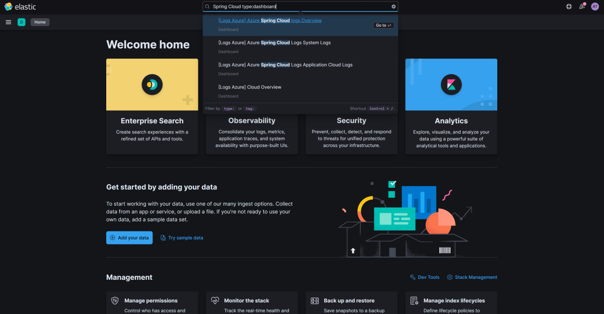 Screenshot of Elastic / Kibana that shows the search results for Spring Cloud type:dashboard.