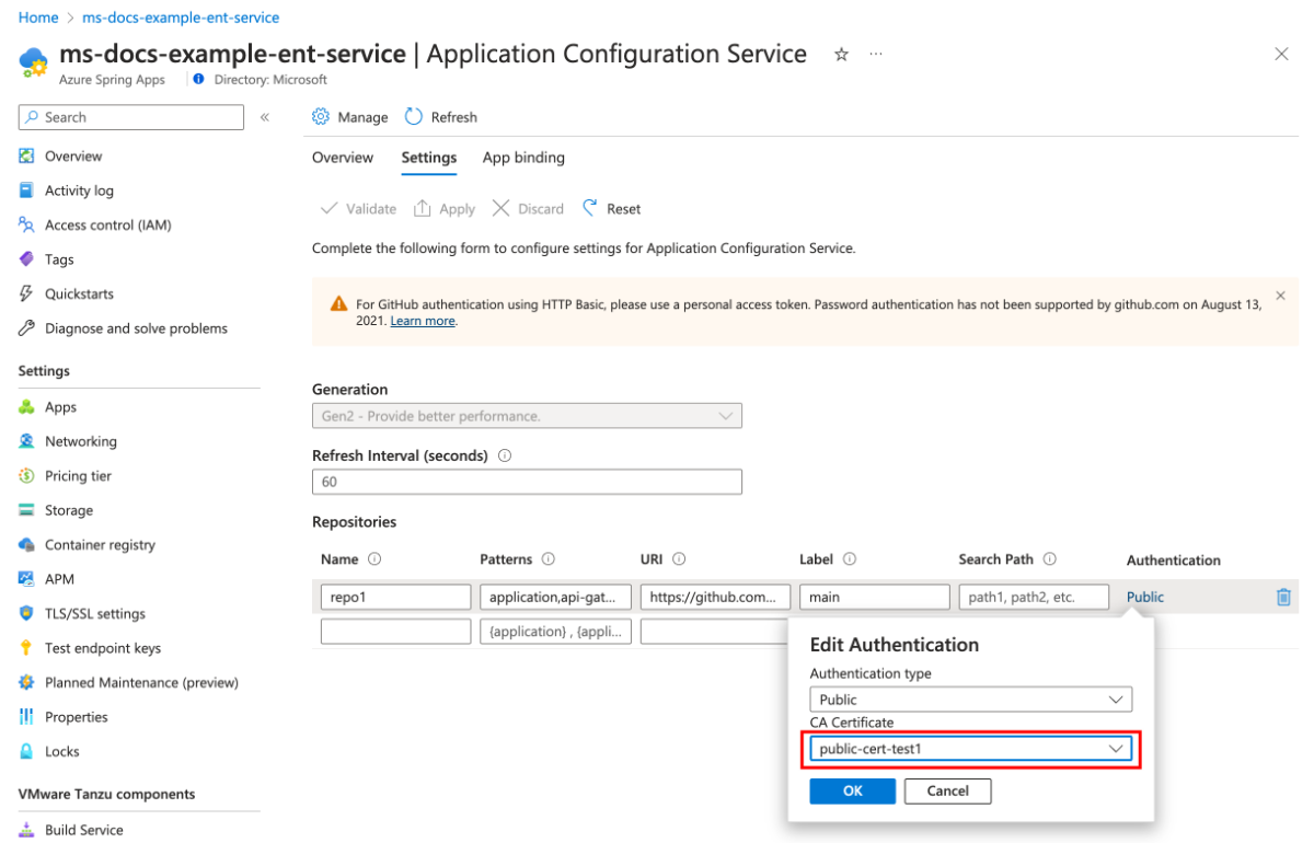 Screenshot of the Azure portal that shows the Application Configuration Service page with the Settings tab showing.