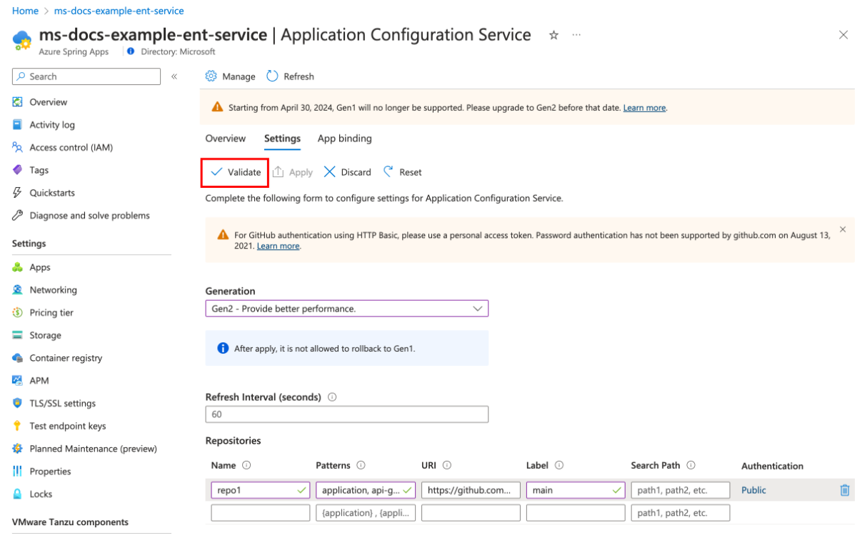 Screenshot of the Azure portal that shows the Application Configuration Service page and the Settings tab with the Validate button highlighted.