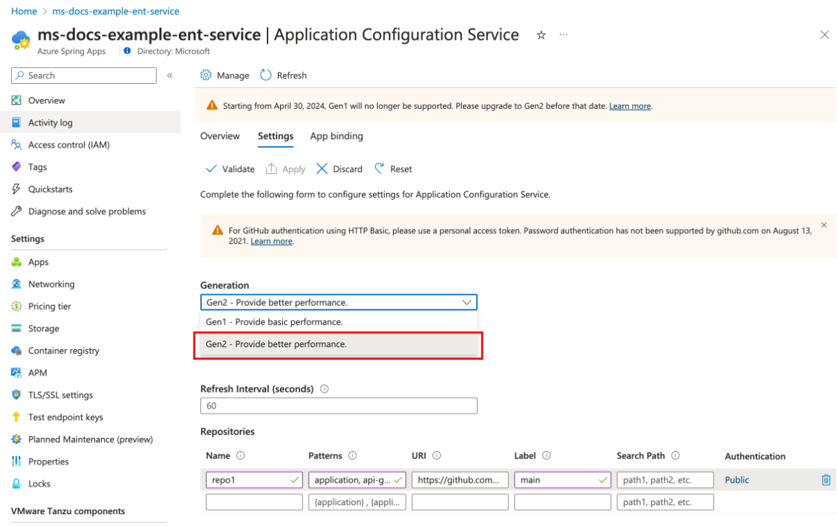 Screenshot of the Azure portal that shows the Application Configuration Service page with the Settings tab showing and the Generation menu open.