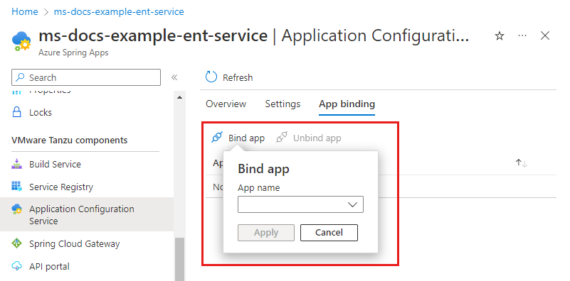 Screenshot of the Azure portal that shows the Application Configuration Service page with the App binding tab highlighted.