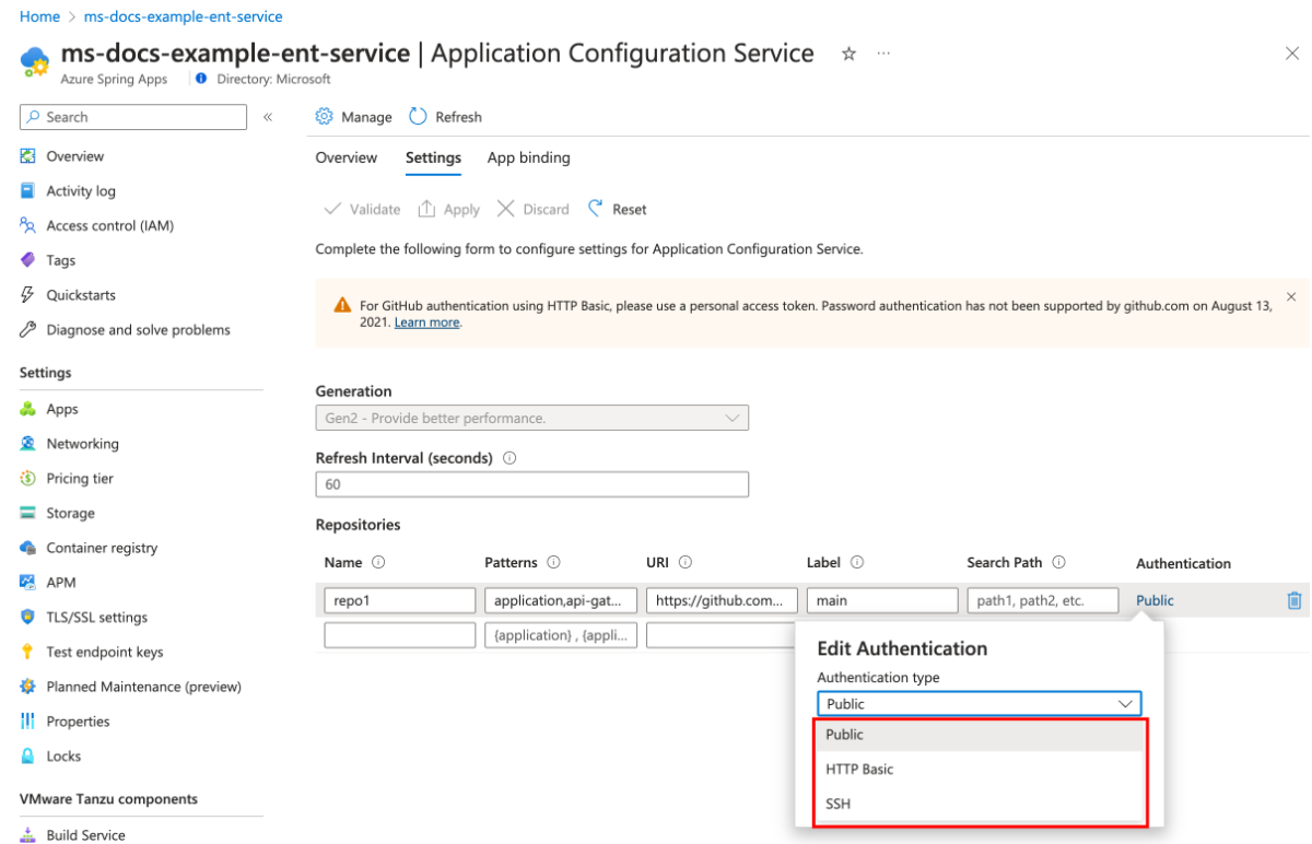 Screenshot of the Azure portal that shows the Application Configuration Service page with the Authentication type menu highlighted.