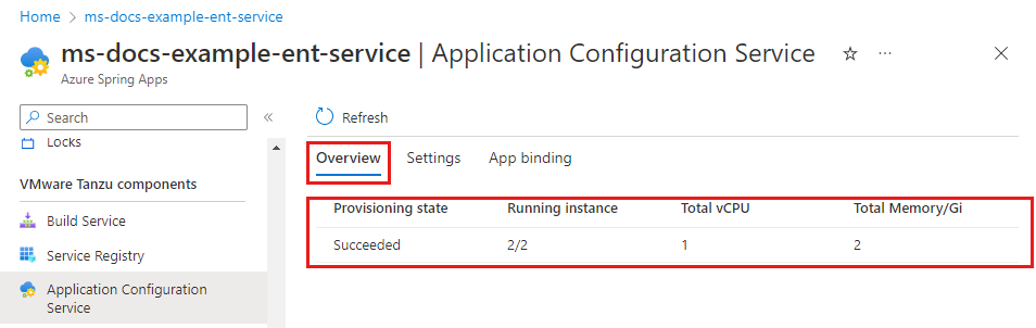 Screenshot of the Azure portal that shows the Application Configuration Service page with Overview tab highlighted.