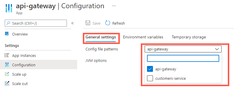 Screenshot of the Azure portal that shows the App Configuration page with the General settings tab and api-gateway options highlighted.
