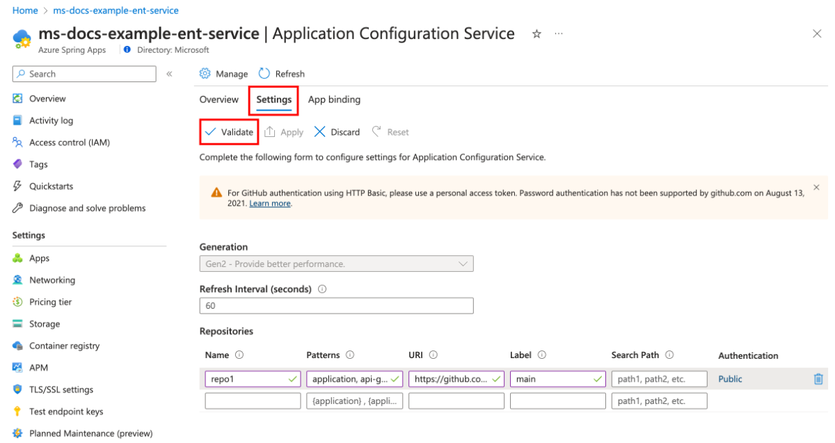 Screenshot of the Azure portal that shows the Application Configuration Service page with the Settings tab and Validate button highlighted.