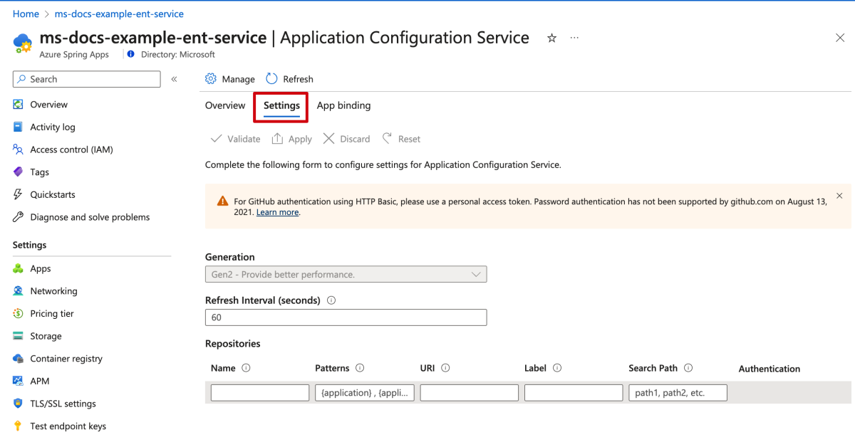 Screenshot of the Azure portal that shows the Application Configuration Service page with the Settings tab highlighted.