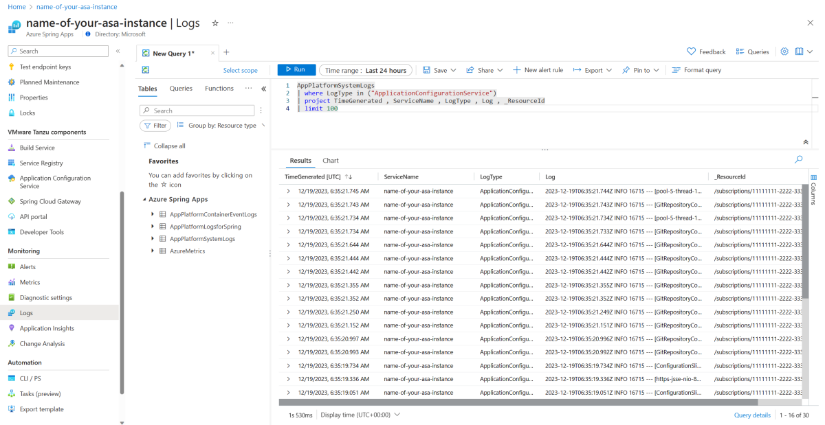 Screenshot of the Azure portal that shows the query result of logs for application-configuration-service.