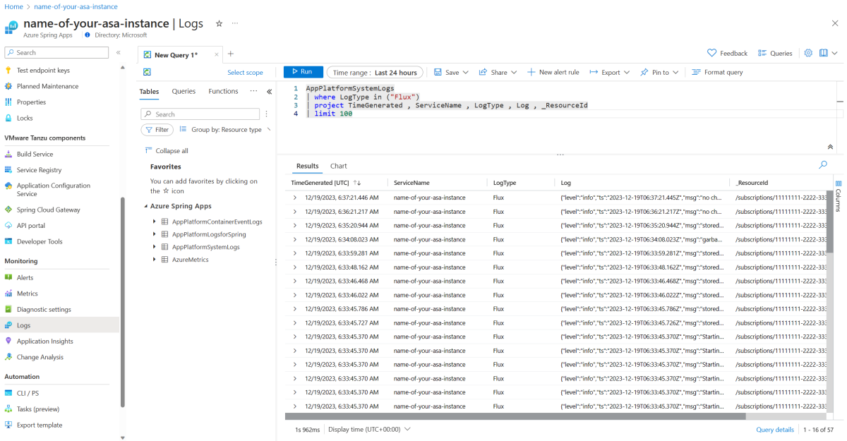 Screenshot of the Azure portal that shows the query result of logs for flux-source-controller.