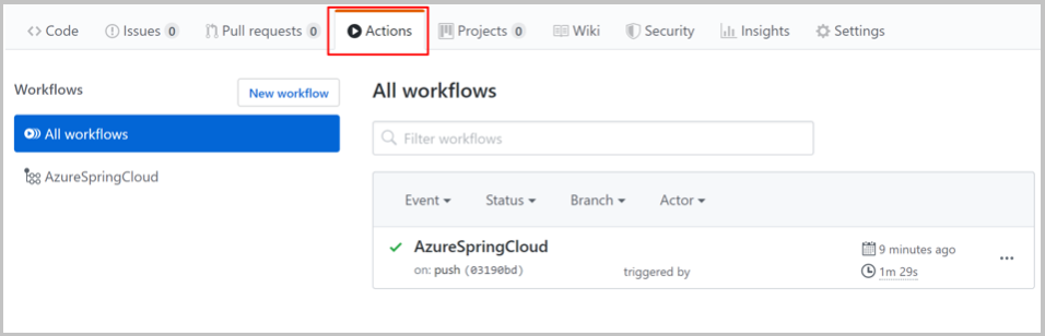 Screenshot of the GitHub Actions tab showing the All workflows section.