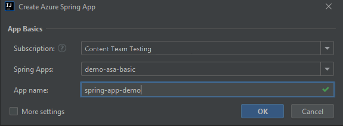 Screenshot of IntelliJ IDEA Create Azure Spring App dialog box with App name field in focus.