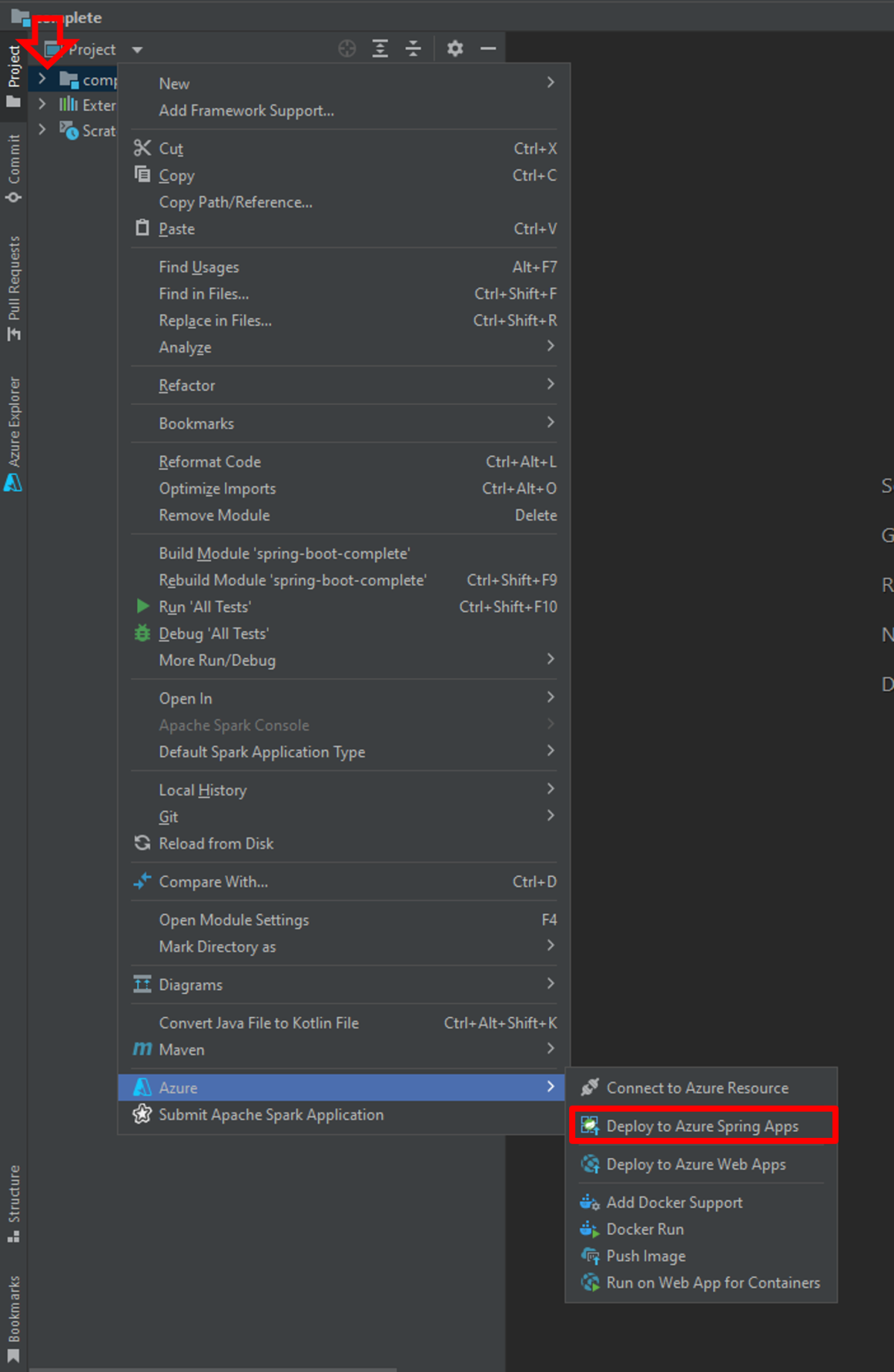 Screenshot of IntelliJ IDEA context menu with Deploy to Azure Spring Apps option highlighted.