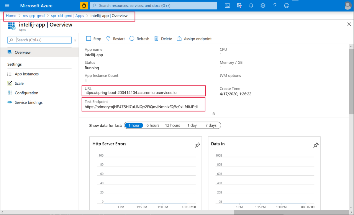 Screenshot of Azure portal showing the app overview page with the URL and Test Endpoint fields highlighted.