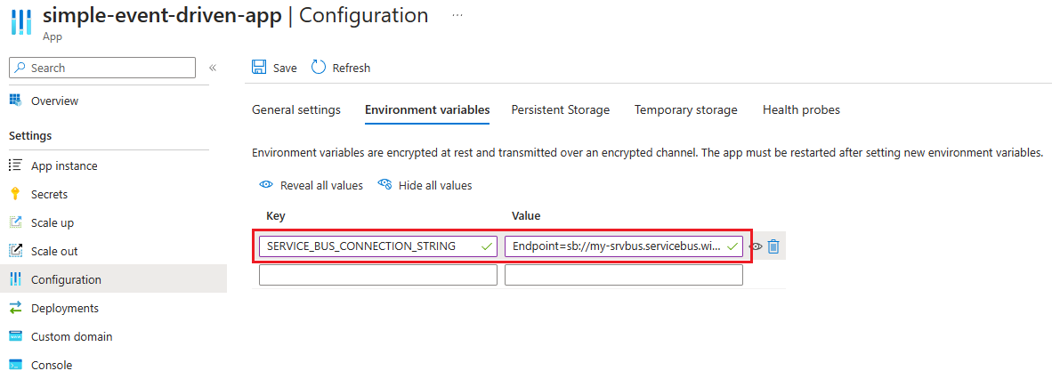 Screenshot of the Azure portal that shows the Environment variables tab of the App Configuration page for consumption plan.