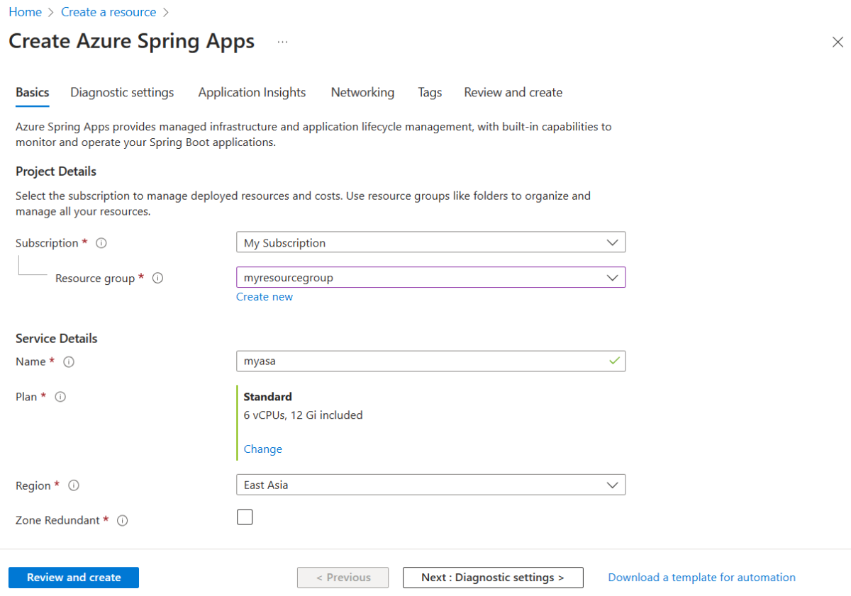 Screenshot of the Azure portal that shows the Create Azure Spring Apps page with the Basics tab selected.