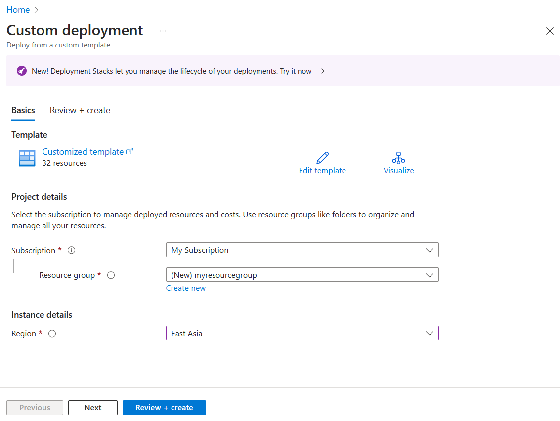 Screenshot of the Azure portal that shows the Custom deployment page.