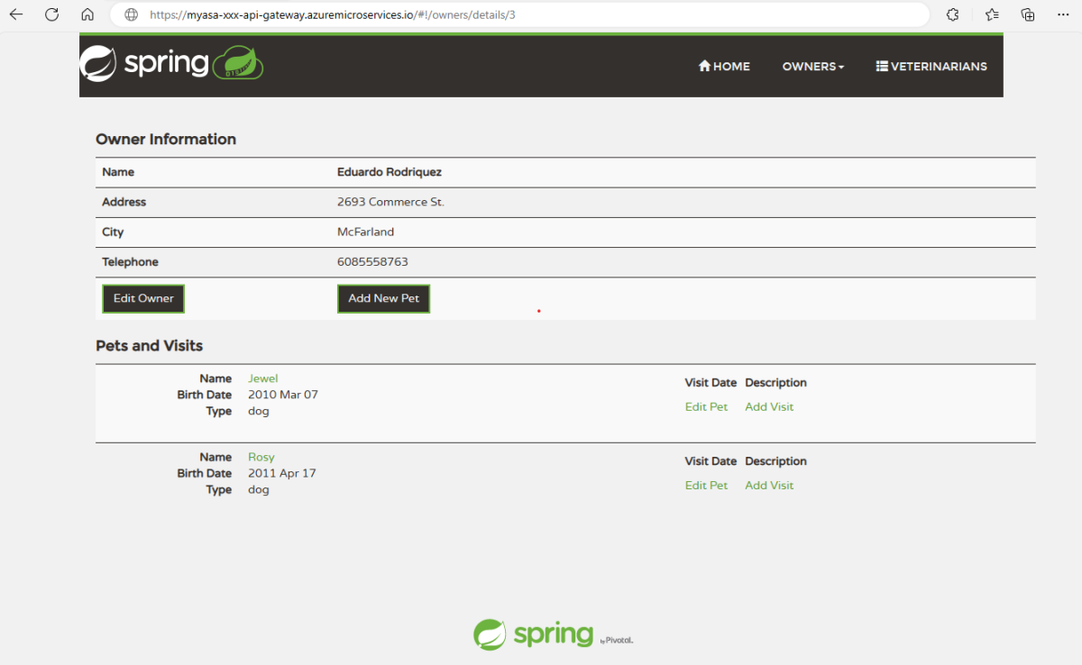 Screenshot of the PetClinic application running on Azure Spring Apps.