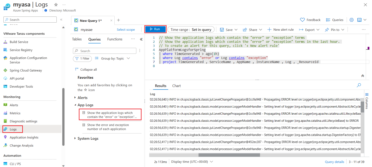 Screenshot of the Azure portal that shows the Logs page of the query on PetClinic application and the results for the Enterprise plan.