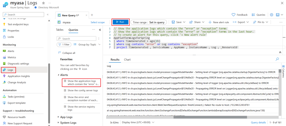 Screenshot of the Azure portal that shows the Logs page of the query on PetClinic application and the results.