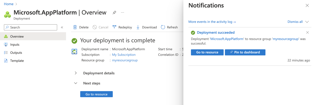 Screenshot of the Azure portal that shows a deployment of a resource and the Notification pane with Go to resource and Pin to dashboard buttons.