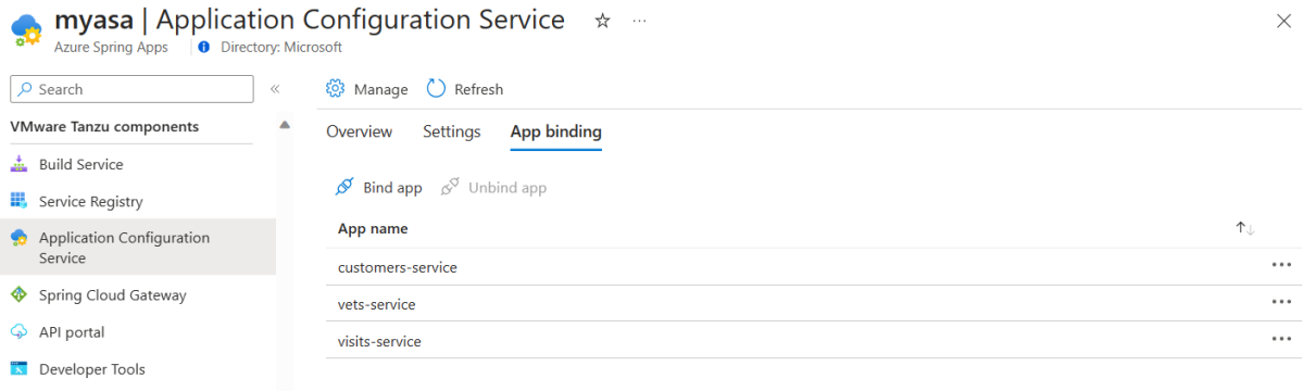 Screenshot of the Azure portal that shows the Application Configuration Service page with the App binding tab selected.