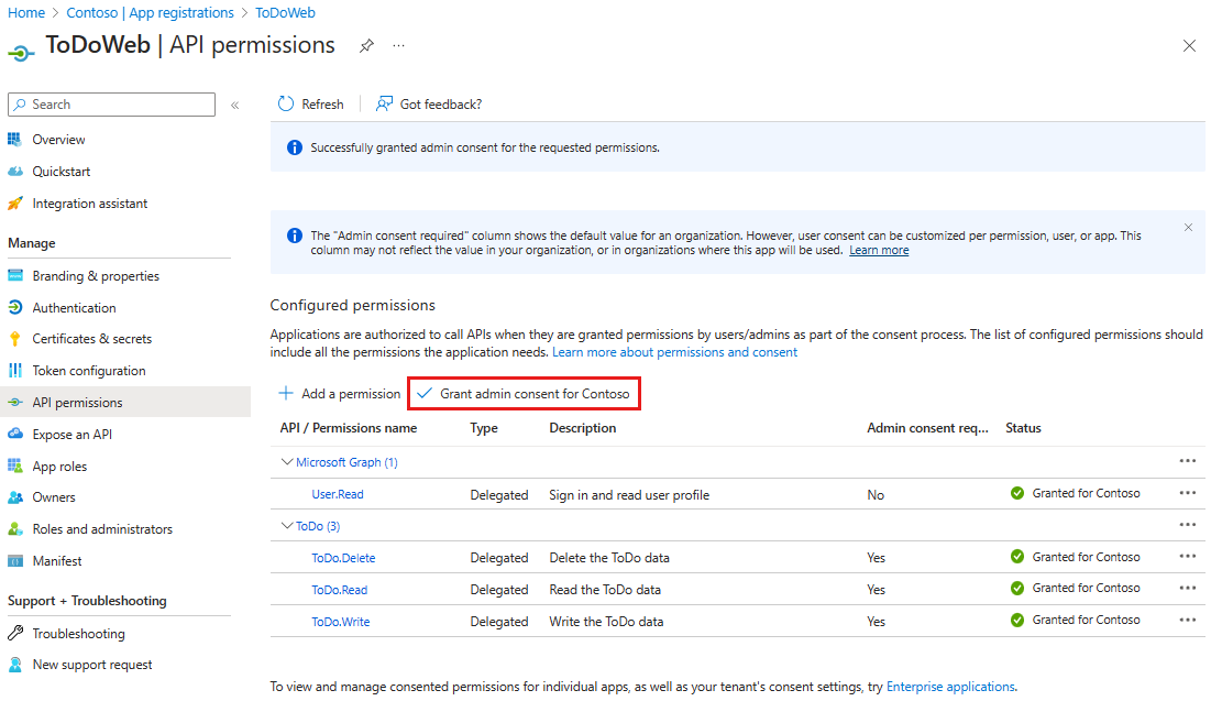 Screenshot of the Azure portal that shows the API permissions of a web application.